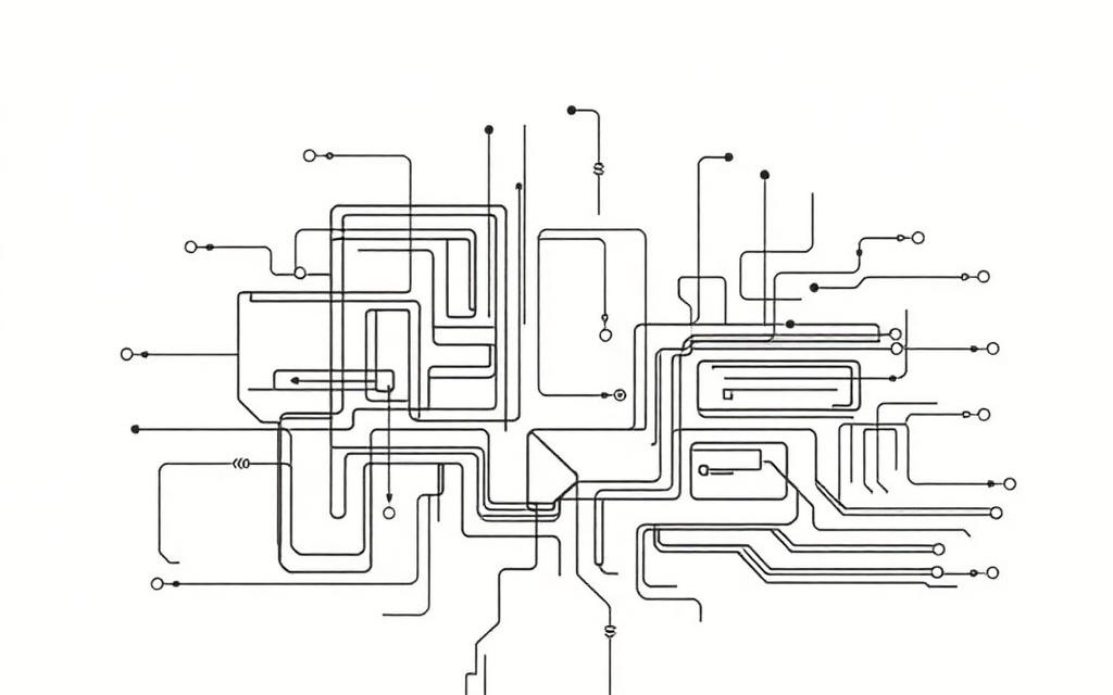 Technical blueprint line drawing of a software architecture