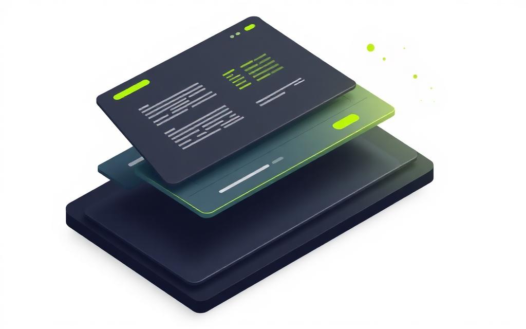 Stacked interface planes illustrating a SaaS product launch